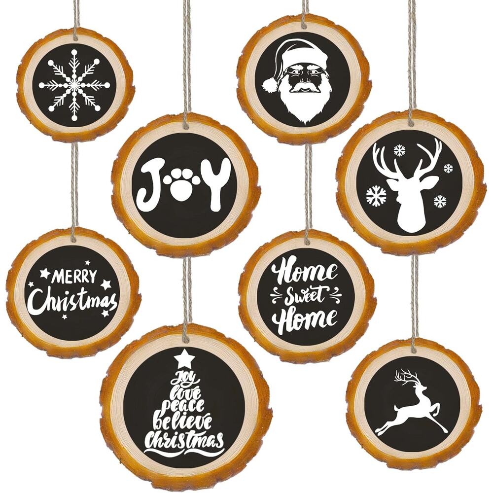 Set of 8 Rustic Wooden Log Pine Chips Black White Christmas Ornaments